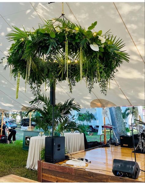 Tropical Chandelier, Chandelier With Fan, Green Gold Weddings, Tropical Wedding Decor, Wedding Chandelier, Floral Halo, Floral Chandelier, Wedding 2024, Restaurant Interior Design