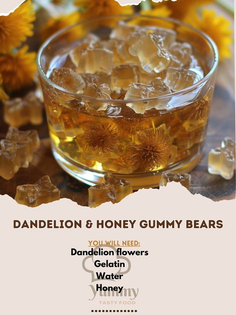 🍯 Try our delightful Dandelion & Honey Gummy Bears! 🐻✨ #GummyBears #HealthyTreat Dandelion & Honey Gummy Bears Ingredients: Dandelion flowers, dried (1/2 cup) Water (1 cup) Honey (1/4 cup) Gelatin (3 tbsp) Lemon juice (1 tbsp) Instructions: Steep dandelion flowers in boiling water for 10 minutes. Strain and let cool. In a saucepan, combine dandelion tea, honey, and lemon juice. Sprinkle gelatin on top and let it bloom for 5 minutes. Heat over low heat, stirring until gelatin dissolves. Po... Honey Gummies, Gummy Bear Recipe, Dandelion Honey, Homestead Recipes, Dandelion Flowers, Bear Recipes, Dandelion Tea, Gf Desserts, Flowers Dried