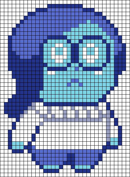 Inside Out's Sadness pattern, could be used to make a crochet Graphgan blanket or with hama and perler beads or even as a cross stich pattern Alpha Pattern #20228 Preview added by neopets Inside Out Perler Bead Patterns, Pixel Art Inside Out, Pixel Art Cartoon Characters, Blue Pixel Art, Pixel Art Canvas, Pixel Art Disney, Pixel Cartoon, Crochet Graphgan, Perler Beads Ideas