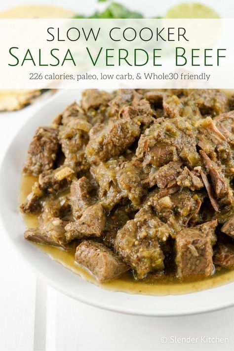 This easy Slow Cooker Salsa Verde Beef is the perfect filling for tacos, burritos, and rice bowls and is perfect for meal prep.I don't know about you, but this October has been crazy. While I... Crockpot Salsa Verde, Beef Verde Slow Cooker, Slow Cooker Green Salsa Chicken, Slow Cooker Chili Verde Pork, Slow Cooker Chili Verde, Shredded Beef Recipes, Slow Cooker Salsa, Slender Kitchen, Pumpkin Drinks