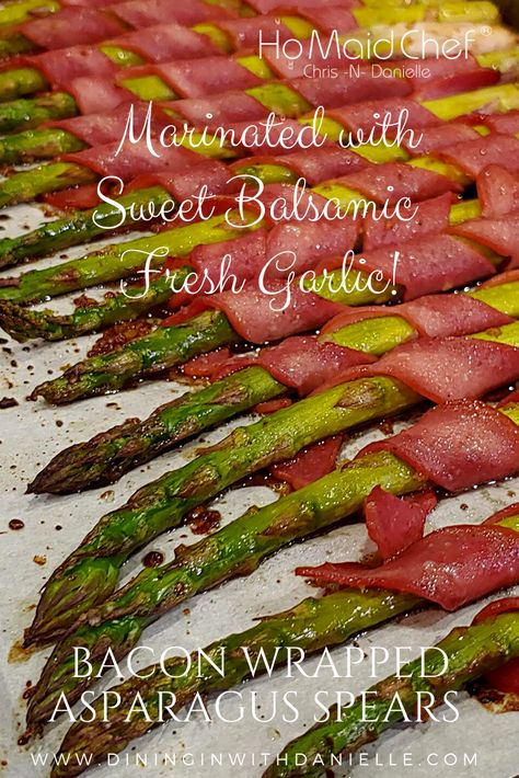 Bacon Wrapped Asparagus Spears are Marinated with Balsamic and Fresh Garlic then Wrapped with Turkey Bacon and Roasted in the Oven! A Delicious Side Dish or serve as an Appetizer! #dininginwithdanielle #chrisdoeswhat #homaidchef #asparagus #baconwrappedasparagus #baconwrappedvegetables #roastedvegetables #roastedasparagus #sidedish #vegetablesidedish #thanksgivingrecipes #turkeybacon #marinatedvegetables @ChrisDanielleRedding @chrisdoeswhat Turkey Bacon Wrapped Asparagus, Bacon Wrapped Vegetables, Turkey Bacon Wrap, Cucumber Dill Salad, Pumpkin Sheet Cake, Asparagus Bacon, Marinated Vegetables, Bacon Wrapped Asparagus, Crunchy Salad