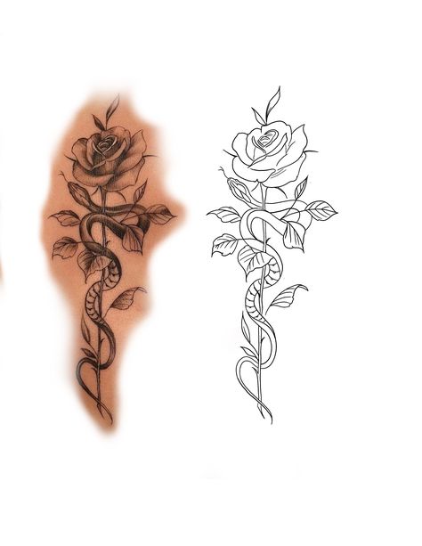 Snakes With Flowers Tattoo, Snake Flower Spine Tattoo, Snake And Flower Spine Tattoo, Rose With Snake Tattoo, Rose Snake Tattoo Design, Snake And Rose Tattoo Design, Snake With Rose Tattoo, Snake Spine Tattoos For Women, Rose And Snake Tattoo Design