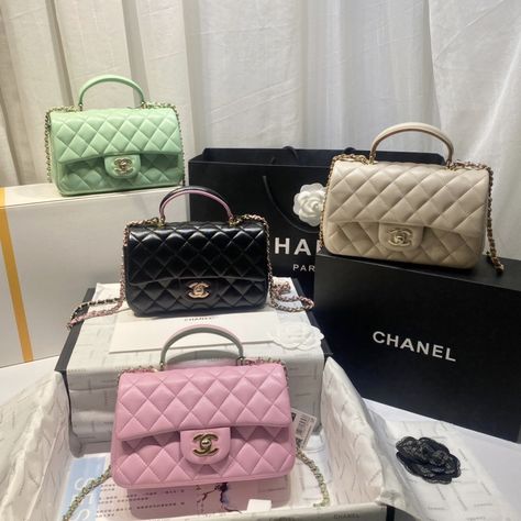 CC top handle small classic flap chain shoulder bag mix colors Cc Top, Chanel Classic Flap Bag, Classic Flap Bag, Chanel Mini, Mini Top, Classic Flap, Chain Shoulder Bag, Green Bag, Flap Bag