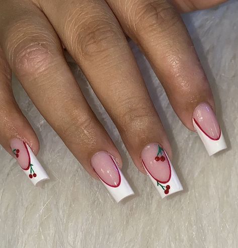 Cherry Nails Acrylic French Tip, White French Tip Nails With Red Design, Short Cherry Nails Designs, Cherry Nail Inspiration, Short Square Acrylic Nails Y2k, White French Tip With Cherry, Frenchtipnails Design, Square Nails Cherry, Vintage Nail Ideas