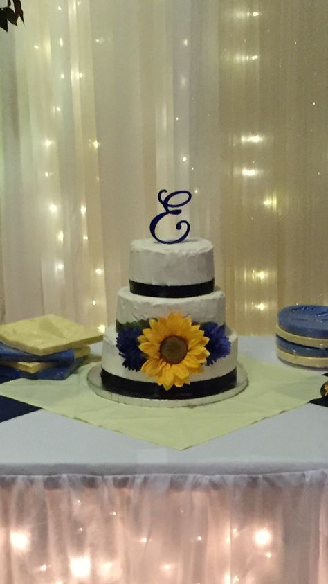 Navy and Sunflowers- wedding cake Navy Blue And Sunflower Wedding Cake, Sunflower Wedding Cakes, Navy Blue And Sunflower Wedding, Blue And Sunflower Wedding, Royal Blue Cake, Navy Cakes, Wedding Cake And Cupcakes, Navy Blue Wedding Cakes, Angel Wedding