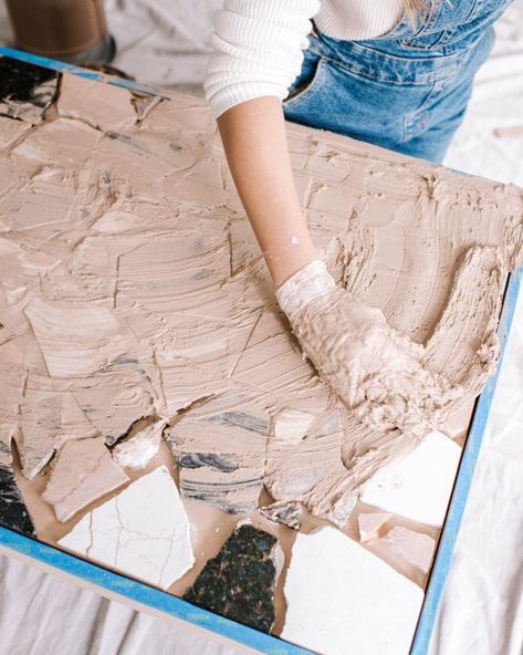 Before & After: Smashed Marble Terrazzo Table! | Collective Gen Terrazzo Table Top, Diy Marble Table, Terrazzo Furniture, Diy Terrazzo, Terrazzo Table, Stone Table Top, Diy Table Top, Mosaic Table Top, Tile Table