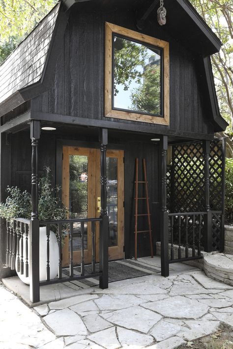 MEET AN ADU NAMED BUNGALOW Dark Tiny House, Bungalow Style Interior, Black Cabins, Modern Cottage Interior Design, California Style Interior, Urbanology Designs, Black Bungalow, Converted Shed, Moody Interior Design