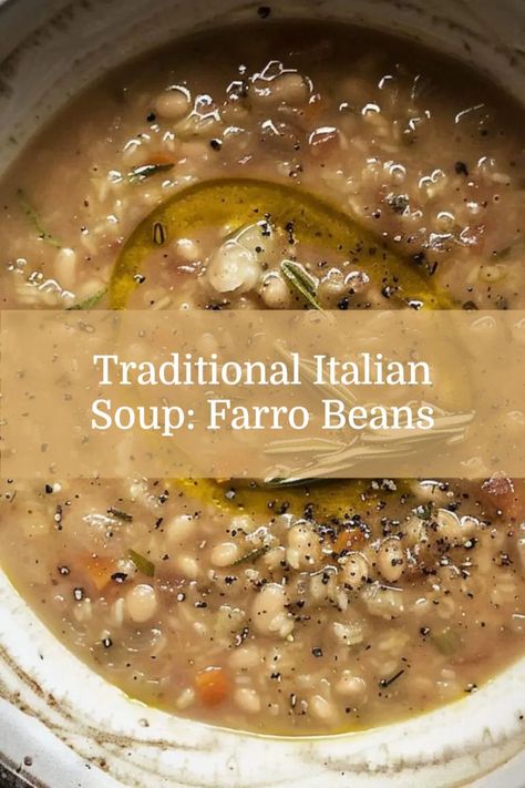 A hearty soup featuring farro and beans, this traditional Italian dish is both filling and flavorful. Italian Peasant Soup, Italian Bean Soup Recipes, Italian Bean Soup, Farro Soup, Soup Menu, Comfort Soups, Farro Recipes, Italian Soup Recipes, Recipes Veggie