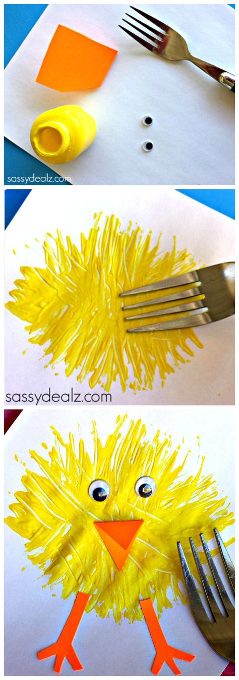 Make a Chick #Craft using a fork and paint! Such a cute #Easter craft for kids! #Easter idea Påskeaktiviteter For Barn, Chick Craft, Preschool Creative Art, Spring Crafts Preschool, Easter Preschool, Spring Preschool, Summer Craft, Spring Crafts For Kids, Easter Projects