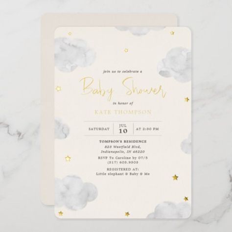 Cloud Baby Shower Theme, Neutral Baby Shower Invitations, Gender Neutral Baby Shower Themes, Gender Reveal Invitations Template, Cloud Theme, Serif Typography, Baby Shower Invitations Design, Gold Foil Invitation, Watercolor Clouds