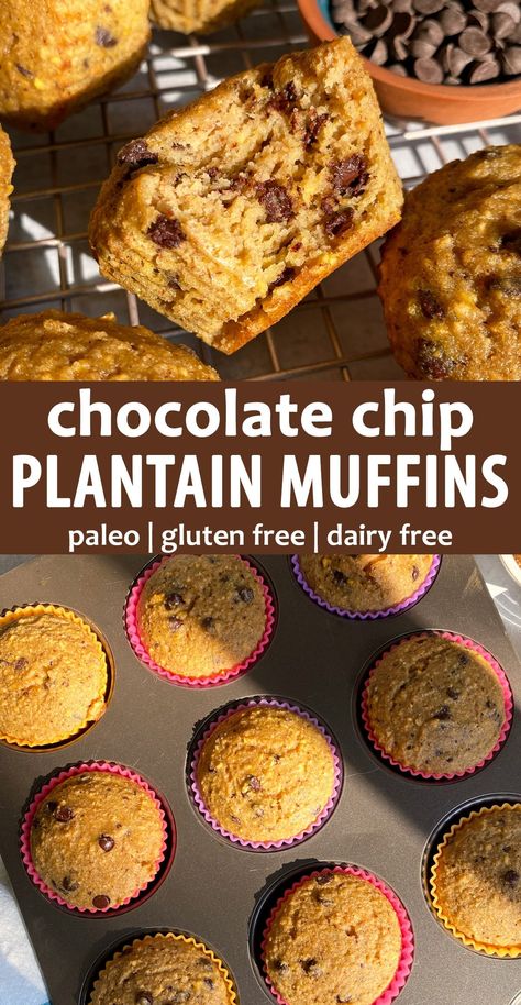 These chocolate chip plantain muffins are made with ripe plantains, sweetened with maple syrup and loaded with mini dark chocolate chips. This plantain muffin recipe is gluten free, dairy free and paleo friendly. Plantain Muffins Recipe, Plantain Muffins, Plantain Recipes Healthy, Baked Plantains Recipes, Baked Plantains, Baking With Coconut Flour, Plantain Recipes, Paleo Friendly Recipes, Clean Baking