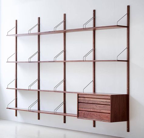 Royal System shelving, designed by Poul Cadovius in 1948 - reissued by dk3 - Retro Renovation Royal System Shelving, Track Shelving, Mid Century Modern Shelves, Walnut Bookcase, Wall Storage Unit, Wall Shelving Units, Office Shelving, Unique Shelves, Retro Renovation