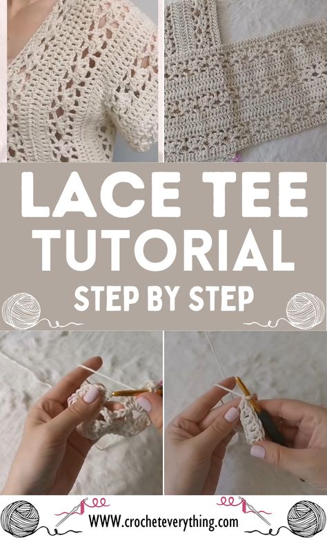 Crochet Lace Tee Step By Step Tutorial How To Crochet Lace, Lacy Crochet Stitches, Lanyard Tutorial, Lace Tutorial, Sweater Tutorial, Lacy Crochet, Bralette Pattern, Crochet Beach Bags, Easy Crochet Patterns Free