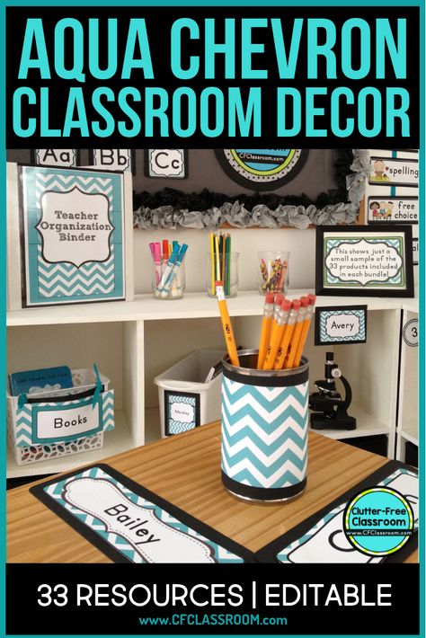 Aqua Classroom Decor Theme for Elementary Teachers in 2022 - Clutter-Free Classroom | by Jodi Durgin Blue Classroom Decor, Chevron Classroom Decor, Classroom Color Scheme, Free Classroom Decor, Blue Classroom, Classroom Decor Middle, Clutter Free Classroom, Classroom Decor High School, Elementary Classroom Decor