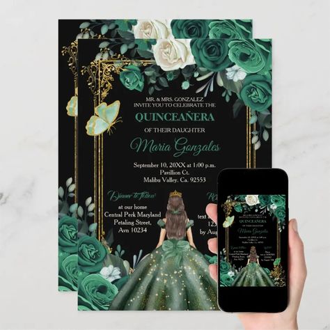 Mexican Hunter Green Quinceanera Butterfly  Invitation  Zazzle Fairytale Quinceanera Theme Green, Debut Green Theme, Hunter Green Quinceanera, Emerald Green Quinceanera Theme, Quince Invite, Fairytale Invitation, Enchanted Forest Quinceanera, Green Quinceanera Theme, Emerald Green Wedding Theme