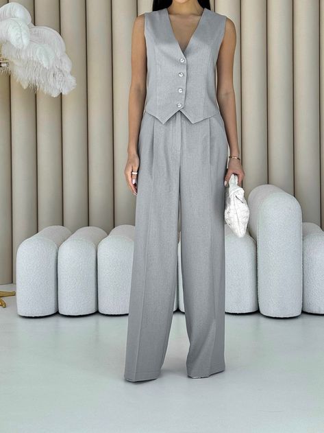 Silver Gray Linen Suit for Women 2 Piece Set Sleeveless Crop Vest Palazzo Trousers with Pockets Formal Event Suit Elegant Casual Pants Set by ElenaKosminskaya on Etsy Formal Day Outfit, Formal Lunch Outfit, Gray Vest Outfit Women, Gray Vest Outfit, Satin Suit Women, Gray Linen Suit, Vest Outfit Women, Linen Suits Women, Pant Outfits For Women