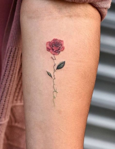 Name Flower Tattoo, Rose Tattoo With Name, Little Rose Tattoos, Small Rose Tattoo, Red Rose Tattoo, Inspiration Tattoos, Gorgeous Tattoos, Tattoo Ideas For Women, Rose Tattoo Design