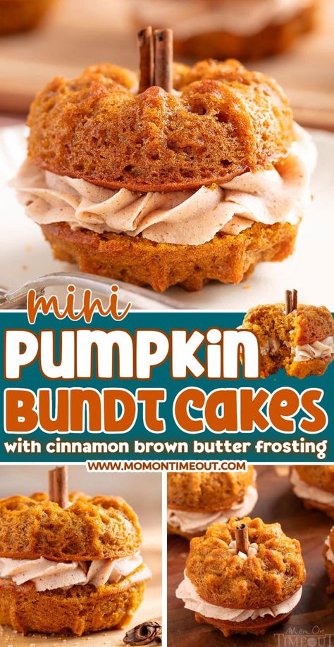 These adorable Mini Pumpkin Bundt Cakes are tender, moist and perfectly spiced! Made with real pumpkin puree and a warm blend of spices that perfectly complement the dreamy cinnamon brown butter frosting that adds even more fabulous flavor. These pumpkin bundt cakes are ideal for holiday dessert tables or as a comforting treat to enjoy with a hot cup of tea or coffee. | MomOnTimeout.com Mini Pumpkin Bundt Cake Recipes, Pumpkin Mini Bundt Cakes, Mini Pumpkin Bundt Cakes, Mini Cake Loaf Ideas, Pumpkin Recipes With Real Pumpkin, Mini Bundt Pan Recipes, Mini Bundt Cake Recipes From Mix Boxes, Mini Bundt Cake Ideas, Mini Bundt Cakes From Cake Mix Boxes