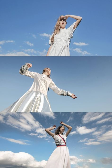 Sky Editorial Photography, Cloud Editorial Fashion Photography, Cloud Fashion Photography, Cloudy Weather Photoshoot, Wind Photography, Summer Photoshoot, Pic Pose, Human Poses, Fashion Inspiration Design