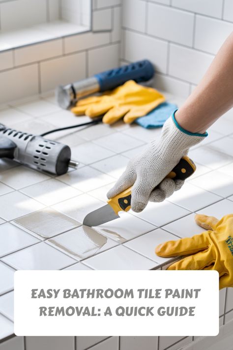 Person scraping paint off bathroom tiles with a flat blade tool, accompanied by cleaning tools and gloves on the side. Easy Bathroom Tile, Remove Paint From Tile, Kitchen Flooring Trends, How To Remove Paint, Kitchen Tile Inspiration, Ensuite Bathroom Designs, Industrial Chic Kitchen, Rustic Industrial Kitchen, Clean Your Bathroom