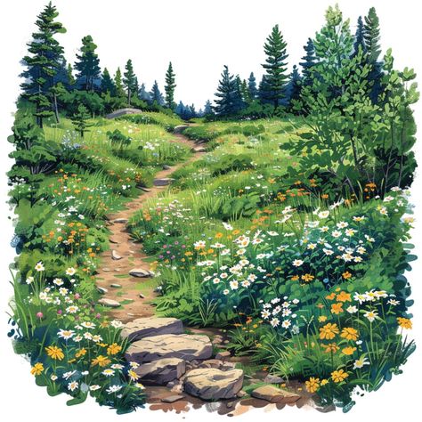 Hiking Path, Flower Meadow, Geometric Art Prints, Jpg Images, Craft Art, Digital Planners, Art Card, Green Trees, Garden View