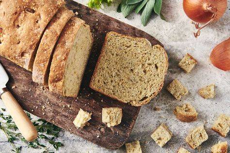 Sandwich bread seasoned with your favorite turkey stuffing herbs, perfect for making stuffing — or turkey sandwiches the day after. Stuffing Loaf, King Aurther, Burger Rolls, Making Stuffing, Stuffing Bread, Bread Videos, Turkey Loaf, Gluten Free Sandwich Bread, Thanksgiving Baking