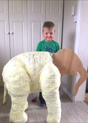 Mother and Son Make a Paper Mache Elephant Paper Mache Elephant, Paper Mache Projects, Paper Mache Animals, Paper Mache Clay, Paper Mache Sculpture, Paper Mache Art, Paper Mache Crafts, Mother And Son, Cardboard Art