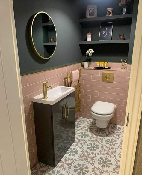 Small Wc Design Toilet Room Wallpaper, Dusky Pink Downstairs Toilet, Pink Understairs Toilet, Statement Downstairs Toilet, Pink Powder Room Small Bathrooms, Pink Downstairs Toilet Ideas, Pink Cloakroom Toilet, Downstairs Toilet Ideas Pink, Fun Downstairs Toilet Ideas