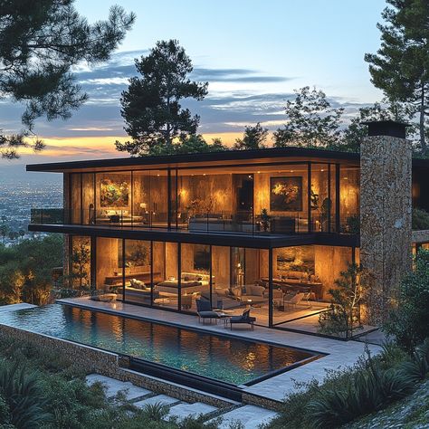 Immerse yourself in the elegance of a Mid-Century Modern Glass House in the Hollywood Hills, 7,000 sqft. Vibrant color grading at dusk captures the house's texture against the LA backdrop. Let this AI masterpiece inspire your mid-century modern architectural dreams and design aspirations. Can you feel the city buzz or the pool's tranquility? Share your impressions! 🌆🏡 #DreamHomeInspiration #LuxuryInteriors #MidCenturyModern #HollywoodHills #LuxuryLiving #LuxuryDesign #LuxuryLifestyle #HomeGoals #InspiringHomes #LuxuryTravel #GlassHouseLuxury Hollywood Mansion, Modern Glass House, Build Inspiration, Modern Mansion, Hollywood Hills, Color Grading, Modern Glass, Glass House, Dream Homes