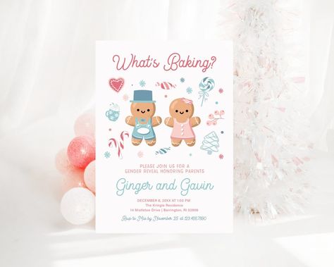 Pink And Blue Christmas Gender Reveal, Whats Baking Gender Reveal, Gender Reveal Winter Theme, January Gender Reveal Ideas, Winter Themed Gender Reveal, Winter Gender Reveal Ideas, Gingerbread Gender Reveal, Winter Gender Reveal, Watercolor Gingerbread