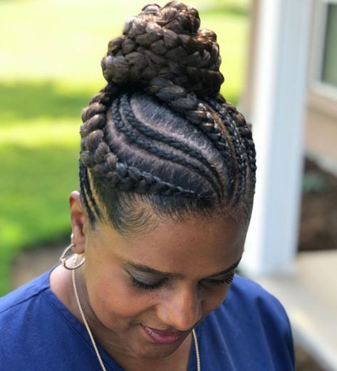 Different Sized Goddess Braids in a Bun Goddesses Braids, Cornrow Updo, Cornrows Updo, Goddess Braids Updo, Goddess Braid Styles, Updos Hair, Fav Hairstyles, Feed Ins, Braids Summer