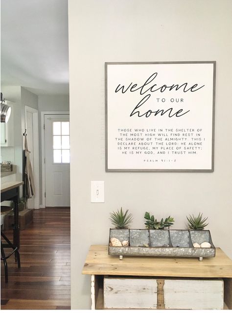 "WELCOME TO OUR HOME - scripture verse wall sign >> sign comes with scripture Psalm 91: 1-2 painted on the bottom half. >> we would be happy to paint a different verse that is special for your family instead. Please feel free to leave verse you would like us to paint instead in the PERSONALIZATION BOX before adding to your cart.  :: SIGN Specifics :: Measures approximately 2' x 2' (dimensions include frame)  All our signs are made from 3/4\" solid wood Picture frame wire added to the back for ea Christian Entryway Ideas, Christian Room, Shabby Chic Farmhouse Decor, Distressed Wood Wall, Chic Farmhouse Decor, Scripture Wall Decor, Entryway Design, Art Walls, Wood Wall Plaques