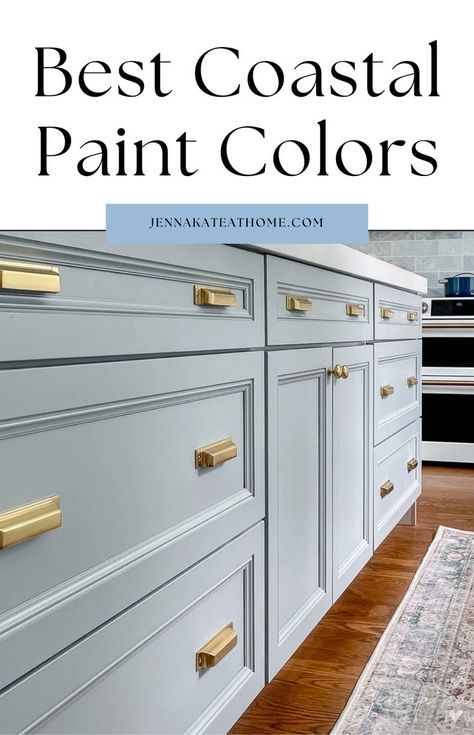 Looking for coastal paint colors? These shades from Sherwin Williams and Benjamin Moore are perfect for any living room, bedroom, or bathroom. With soft blue gray shades, this coastal paint palette has the best coastal paint colors to give your space a calm, beachy feel. Great paint colors for a coastal home! Popular Blue Gray Paint Colors, Best Coastal Paint Colors, Hamptons Style Bedrooms, Neutral Beach House, Coastal Paint Palette, Blue Bedroom Paint, Beachy Kitchens, Sherwin Williams Blue, Farmhouse Kitchen Rustic