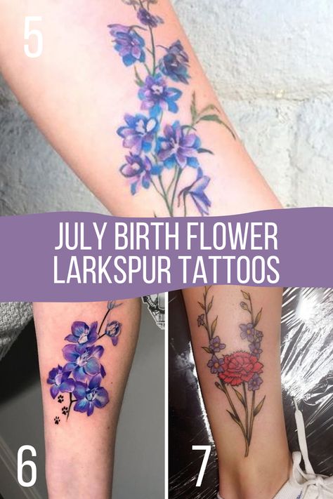 July Birth Flower Tattoos {The Larkspur} - TattooGlee Flower For July Birth Tattoo, Larkspur Flower Tattoo With Name, Larkspur Bouquet Tattoo, July Birthday Flower Tattoo, July Flowers Tattoo, Birth Flower Tattoos Ideas Families Sleeve, July Birth Flower Tattoo With Name, July Birth Flower Tattoo Larkspur Water Lilies, July Tattoo Ideas Birth Month