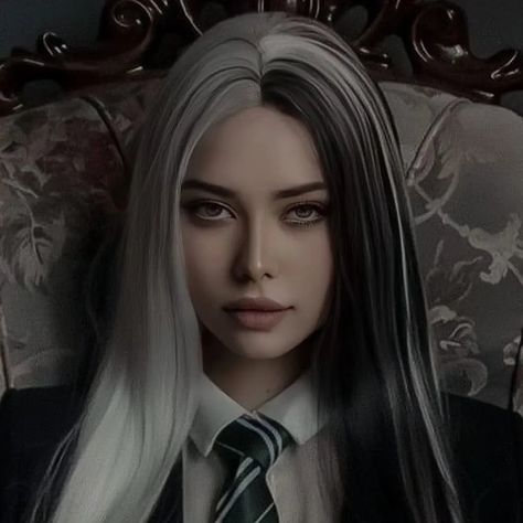 Slytherin Uniform Female, Slytherin Uniform, Female Harry Potter, Black White Hair, Harry Potter Oc, Chica Cool, Anime Black Hair, Girls With Black Hair, Long Hair Girl