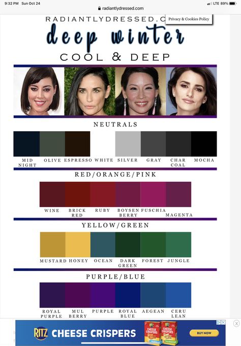 True Winter Examples, Deep Winter Jewel Tones, Deep Winter Olive Skin, Toned Winter Color Palette, Color Analysis Deep Winter, Deep Winter Makeup Looks, Deep Winter Color Palette Outfits, Dark Winter Hair Color, Winter Pallette