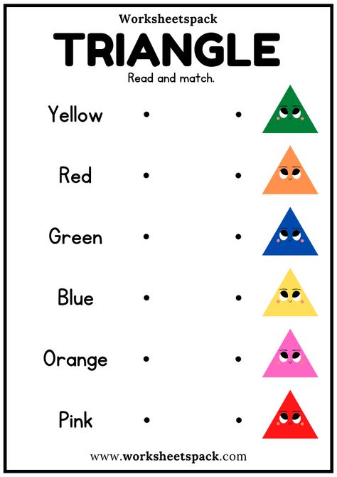 Free Color Words Matching Worksheets with Triangles PDF for Kindergarten - Printable and Online Worksheets Pack Triangle Worksheets Kindergarten, Triangle Coloring Page Preschool, Find The Triangles Worksheet, Circle And Triangle Worksheet, Area Of A Triangle Worksheet, Triangle Worksheet, Matching Worksheets, Shapes Worksheets, Color Activities