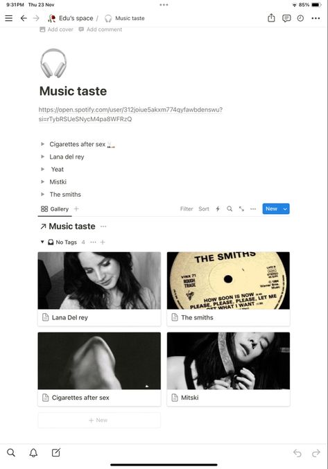 Notion Notion Personal Page, Music Notion Template, Notion Music Template, Music Notion, Template Music, Music Template, Notion Inspo, Notion Ideas, How Soon Is Now