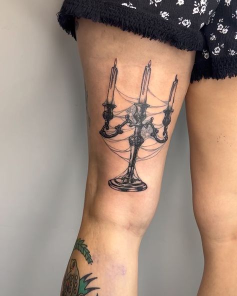 Gothic Candle Tattoo, American Gothic Tattoo, Traditional Gothic Tattoo, Cute Gothic Tattoos, Gothic Tattoo Sleeve, Candelabra Tattoo, Southern Gothic Tattoo, Victorian Gothic Tattoo Ideas, Candlestick Tattoo