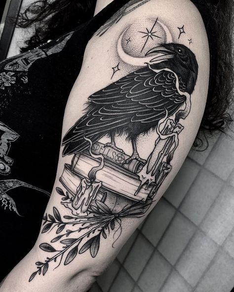 Angelo Parente on Instagram: “Raven and spell books 🕯✨ #blackcaskettattoo . . . #blackwork #blackworkerssubmission #inkedmag #dotworker #dotworktattoo #tattoosnob…” Witchy Raven Tattoo Ideas, Witch Raven Tattoo, Feminine Crow Tattoo, Gothic Crow Tattoo, Witchy Raven Tattoo, Raven Sternum Tattoo, Plague Dr Tattoo, Wedding Dress With Tattoos Brides, Raven Moon Tattoo