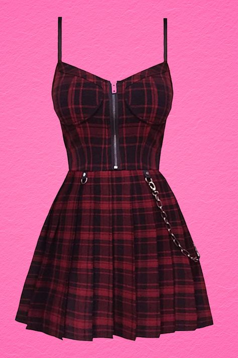 Women's Plaid Gothic Zipper Front Strap Sleeveless Tube Mini Party A-Line Dress Slip Dress y2k Mini Pleated Punk Dress red andblack #vampire #goth #gothic #grunge #altfashion #alt #punk #gothic fashion Punk Dresses, Slip Dress Y2k, Pop Punk Fashion, Bollywood Dress, Vampire Goth, Punk Dress, Tight Mini Dress, Dress Y2k, Gothic Grunge