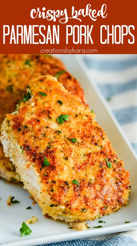 Baked Parmesan Pork Chops are crunchy on the outside, juicy on the inside, and packed with flavor! #porkchops @Creations by Kara Pork Meal Prep Ideas, Different Ways To Cook Pork Chops, Carnivore Pork Chop Recipes, Porkchops Dinner Ideas Easy Recipes, Baked Pork Chop Recipes, Pork Chop Dinner Ideas, Parmesan Baked Pork Chops, Pork Cutlet Recipes, Parmesan Pork Chops