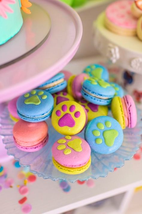 Animal Rescue Birthday Party Ideas, Adopt A Pet Party Ideas, Puppy Tea Party, Puppy Dog Birthday Party Girl, Puppy Themed Party Food, Dog Themed Cookies, Dog And Cat Party, Dog Macarons, Adopt A Puppy Party