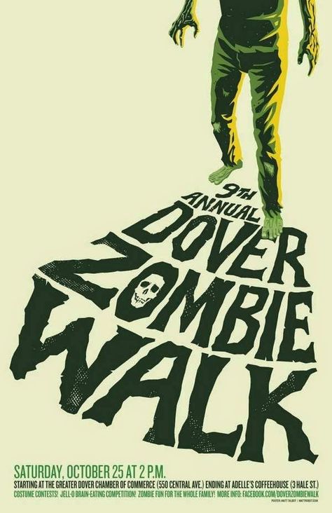 Dover Zombie Walk returns for a ninth year of shambling good timesZombies of all ages are welcome to gather at the Greater Dover Chamber of Commerce550 Central Aveon SaturdayOct25at 2 p.mThe undead horde will march through downtown Dover (while obeying all traffic rulesof courseand end at Adelle’s Coffeehouseat 3 Hale Stwhere they’ll feast on Jell-O brains and hold a creepy costume contestPrizes for best costumes for kids and adultsVisit facebook.com/doverzombiewalk for more info~fosters.com Zombie Graphic Design, Zombie Poster, Bootiful Halloween, Zombie News, Zombies Run, Creepy Costumes, Event Posters, Zombie Walk, Zombie T Shirt