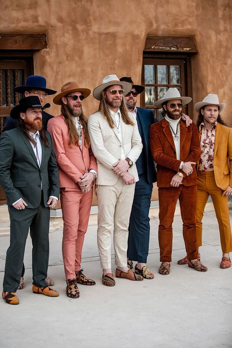 Mens Mismatched Suits Wedding, Groom Mismatched Suit, Desert Groomsmen Attire, Groomsmen Attire 2024, No Suit Groomsmen, September Wedding Groomsmen Groom Attire, Funky Mens Wedding Attire, Mens Western Outfits Country Weddings, Different Color Suits Groomsmen