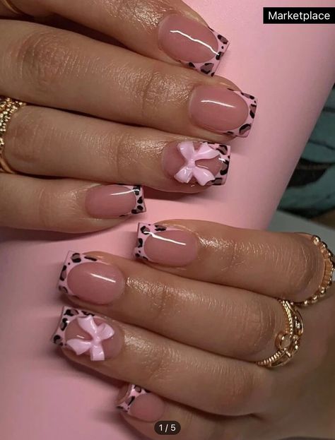 French Too Short Nails, Square Style Nails, Nail For Party, Easy Nails Square, Pink Bow Nails Square, Pink Leopard Print French Tip Nails, S Size Nails, Pink Leapord Print Nails, Square Leopard Print Nails