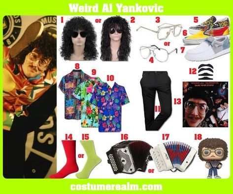 Dress Like Weird Al Yankovic, Weird Al Yankovic Outfits 80s, Fashion, Closet, Aesthetic, Clothes Guides Weird Al Yankovic Costume, Weird Al Yankovic, 80s Rocker, Fake Mustaches, Weird Al, Black Curly Wig, Great Halloween Costumes, Closet Aesthetic, 80s Outfit