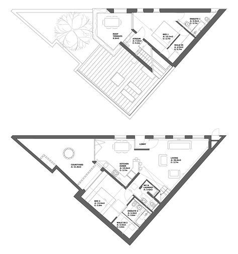 Triangle House Plan, Triangle Floor Plan, Triangular House, Triangular Architecture, Owner Builder, Office Floor Plan, Triangle House, Green House Design, House Design Exterior