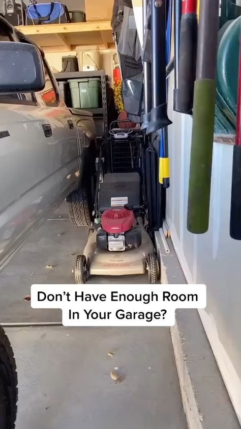 Lawnmower Garage Storage, How To Store Wheelbarrow In Garage, Wheelbarrow Storage Ideas, How To Store Golf Clubs In Garage, Garage Mower Storage, Garage Organization Lawn Mower, Garage Storage Lawn Mower, Garage Organization Ideas Lawn Mower, How To Store Lawn Mower In Garage