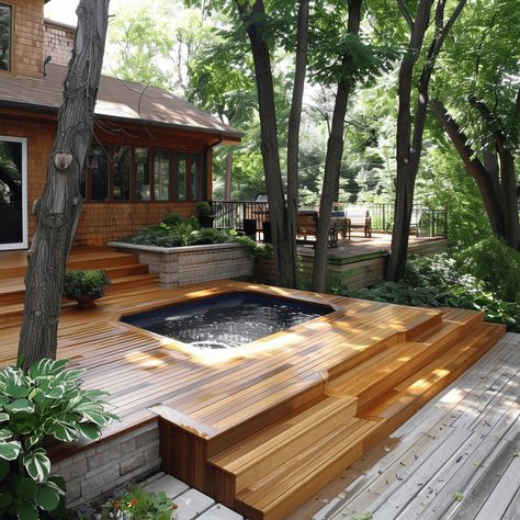 Elevate Your Outdoor Space: 24 Backyard Deck Inspiration Cabin Deck Ideas, Deck Off Bedroom, Hot Tub On Deck, Low Deck Designs, Balcony Remodel, Deck Around Trees, Deck Inspiration, Backyard Spa, Cabin Deck